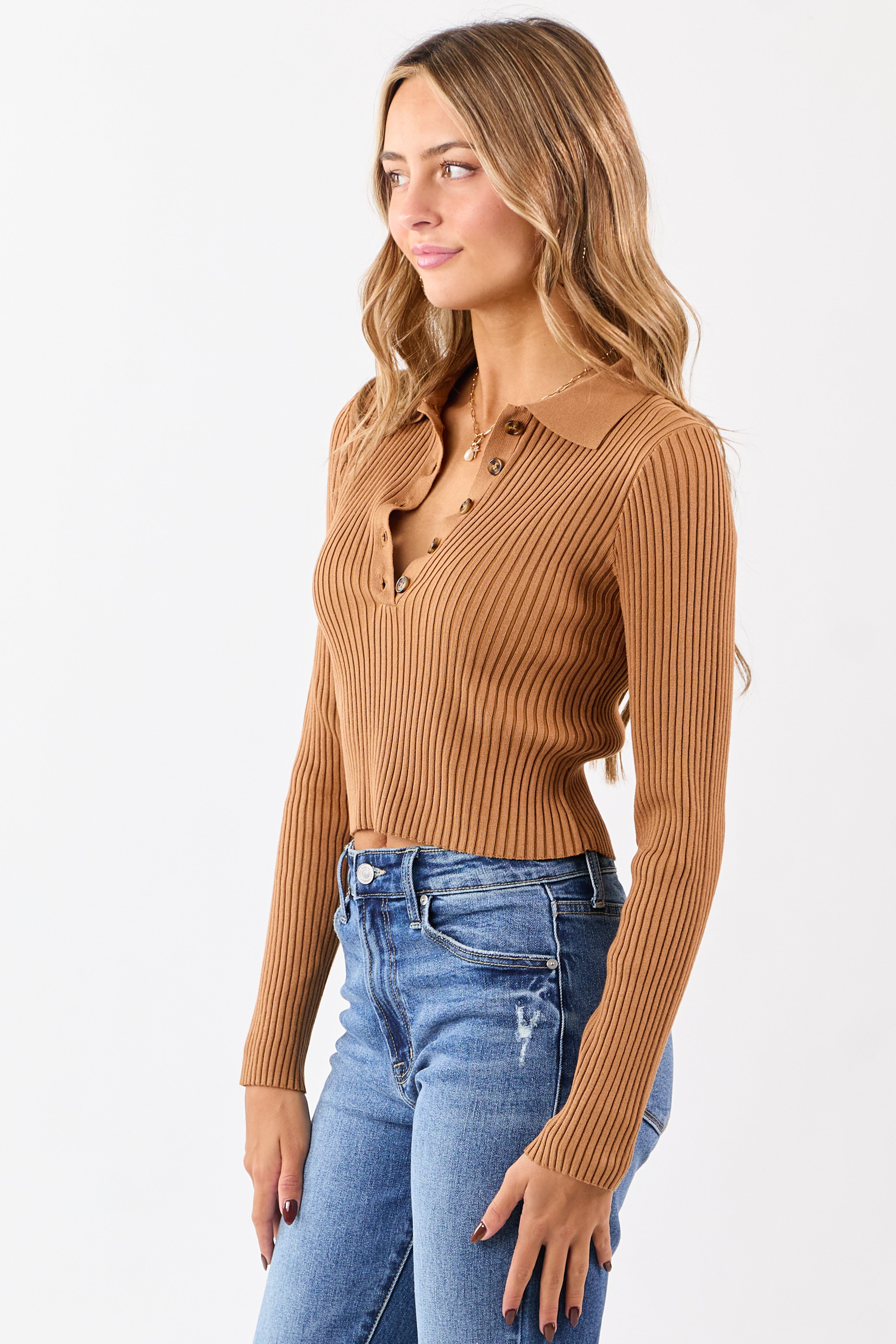Cognac Rib Knit Polo Style Cropped Sweater