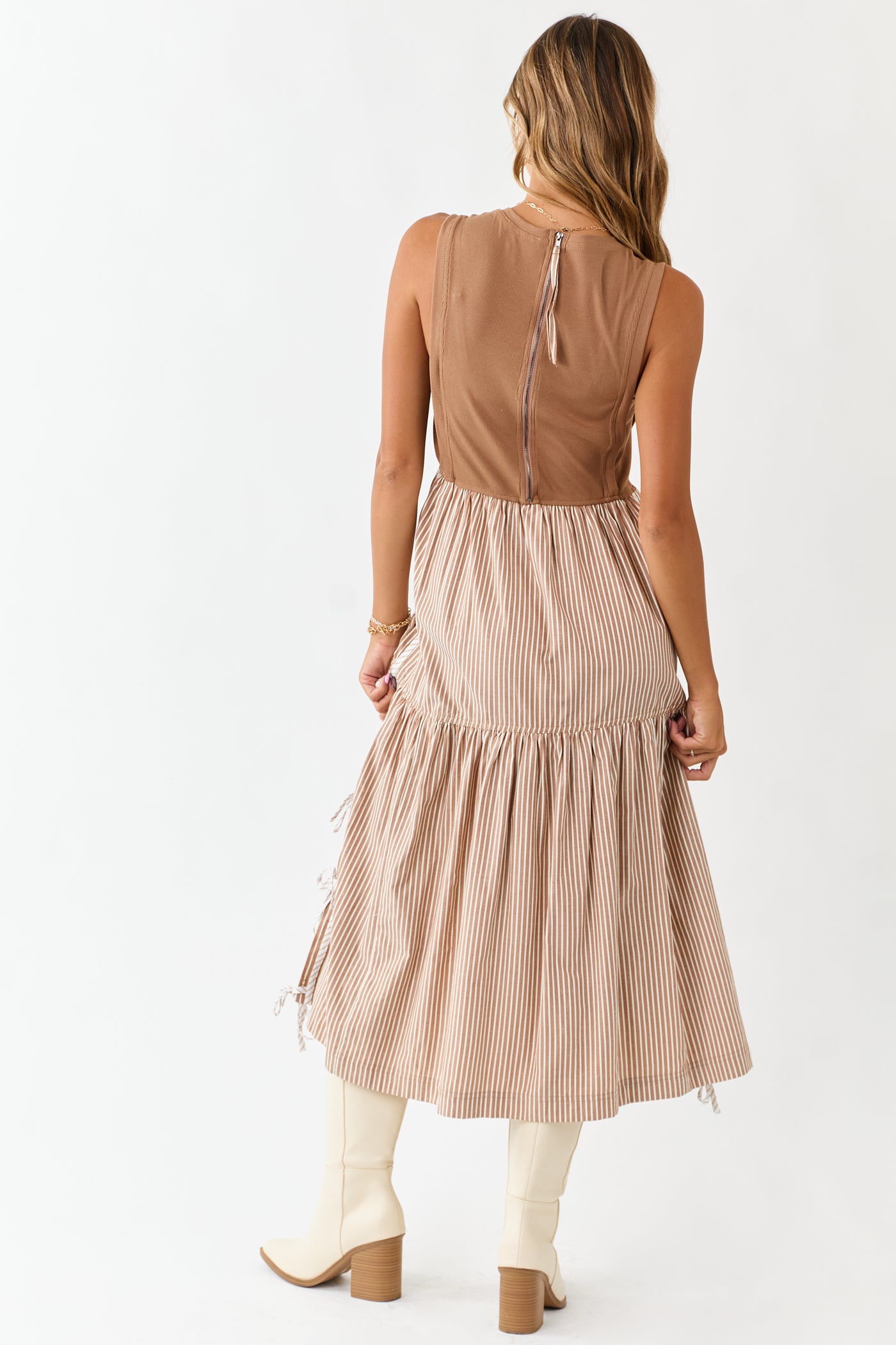 Cognac Ribbed Knit Bodice Contrast Striped Midi Dress