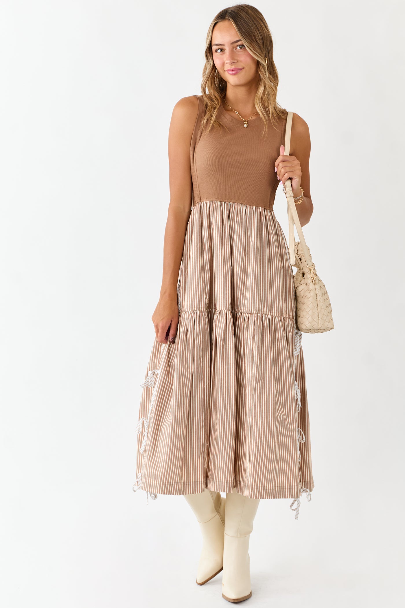 Cognac Ribbed Knit Bodice Contrast Striped Midi Dress