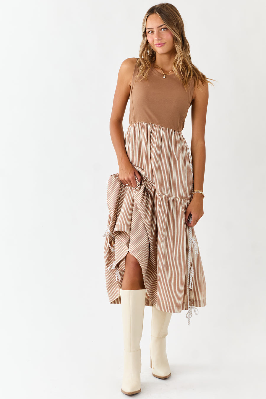 Cognac Ribbed Knit Bodice Contrast Striped Midi Dress