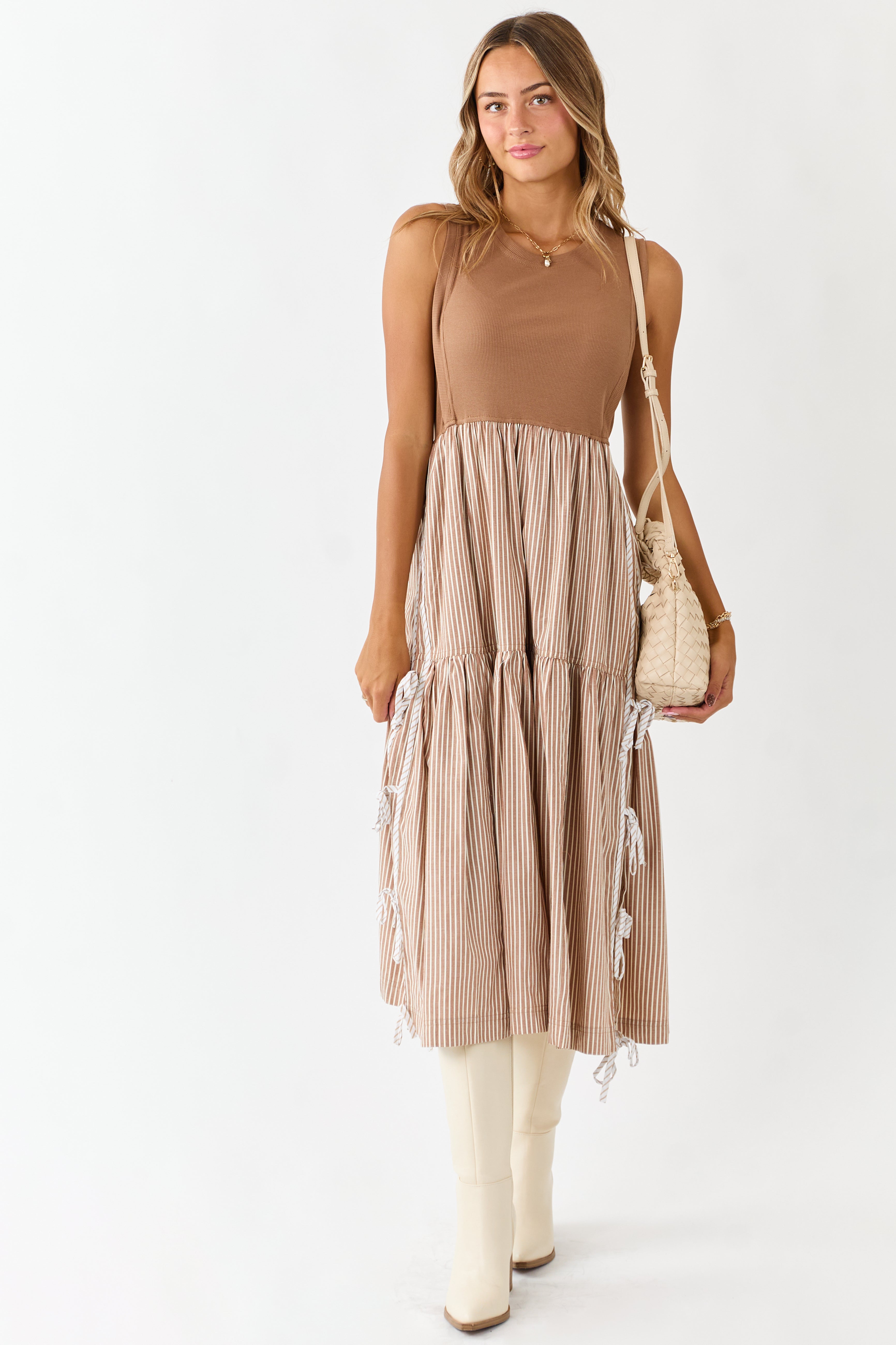 Cognac Ribbed Knit Bodice Contrast Striped Midi Dress