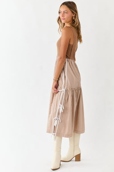 Cognac Ribbed Knit Bodice Contrast Striped Midi Dress