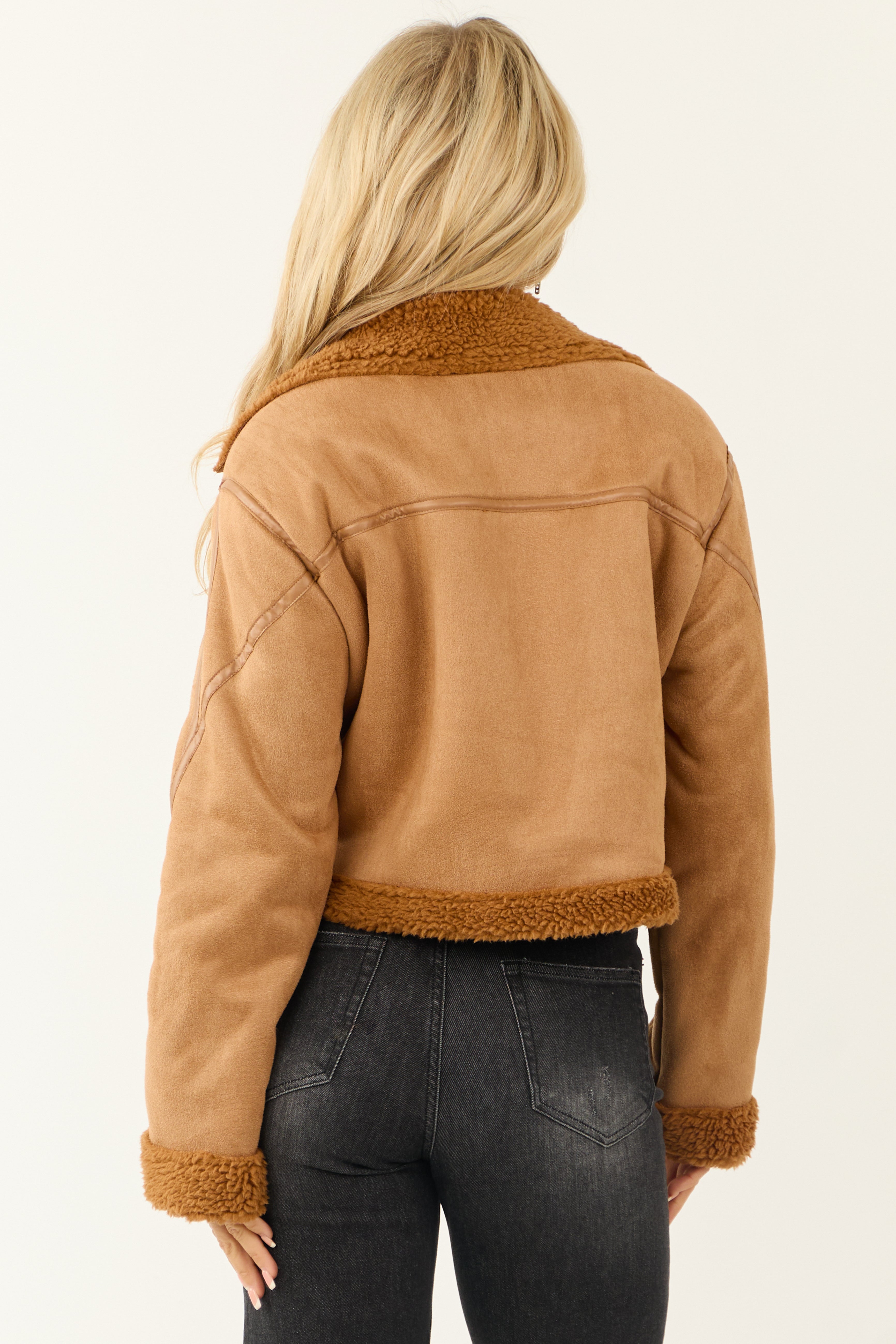 Cognac Sherpa Lined Faux Suede Jacket | Lime Lush Boutique