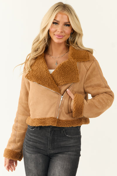 Cognac Sherpa Lined Faux Suede Jacket | Lime Lush Boutique