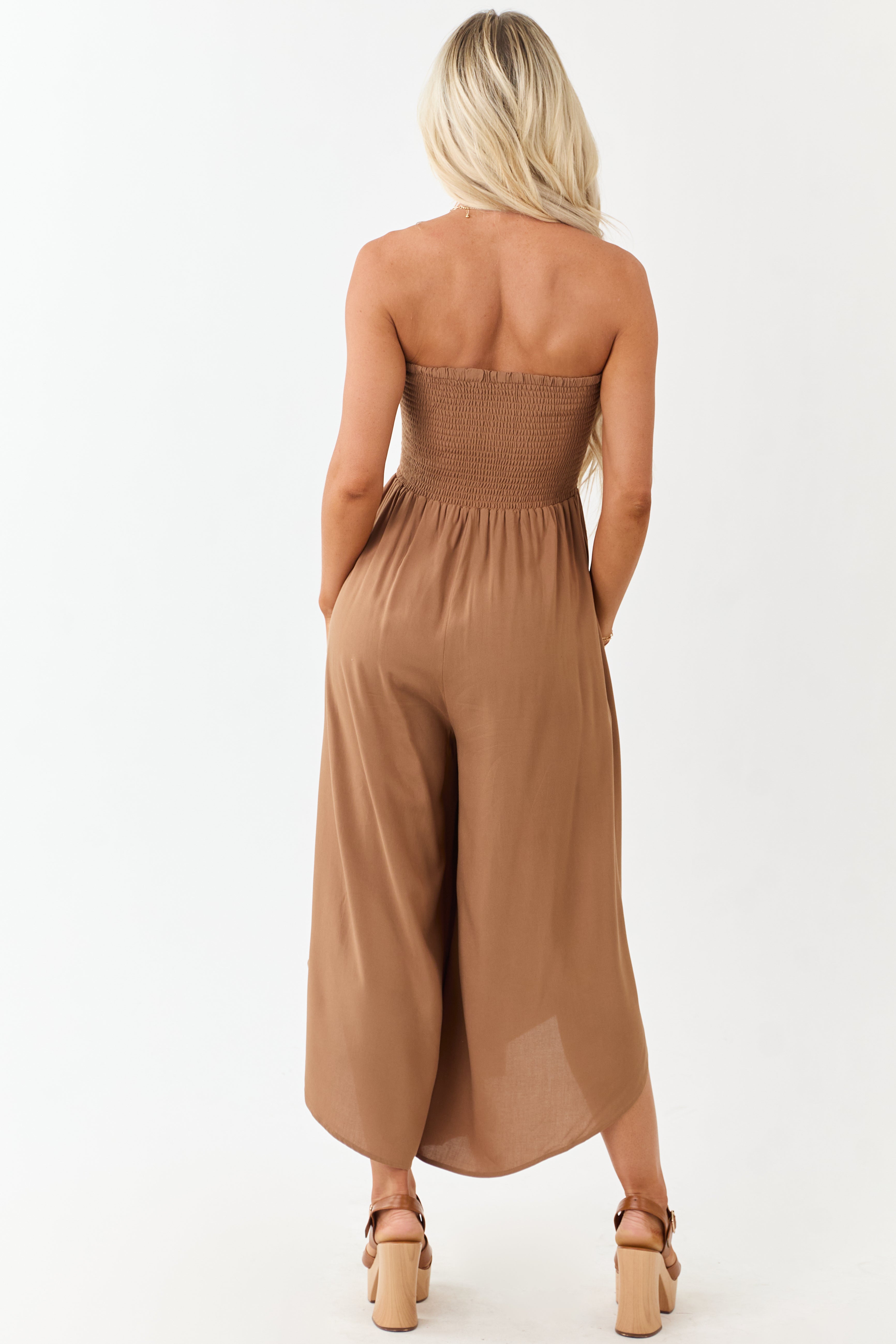 Cognac Smocked Bodice Strapless Wide Leg Jumpsuit | Lime Lush Boutique