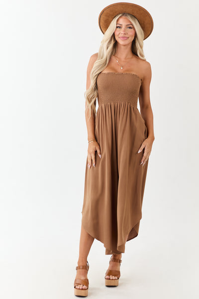 Cognac Smocked Bodice Strapless Wide Leg Jumpsuit