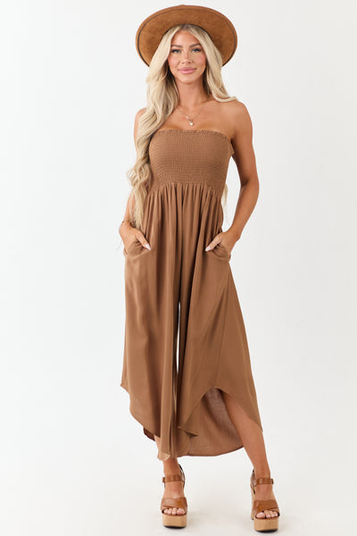 Cognac Smocked Bodice Strapless Wide Leg Jumpsuit