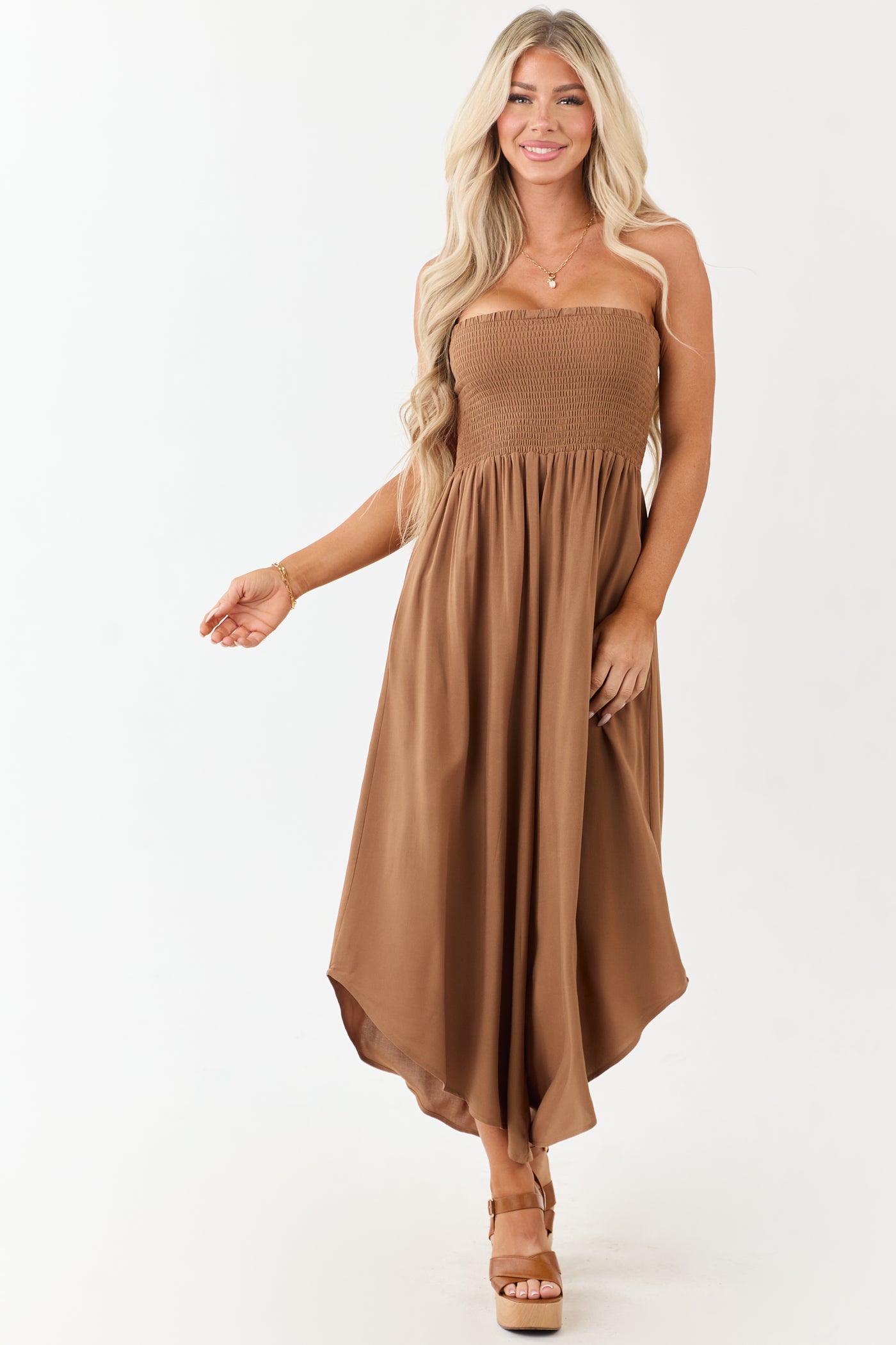 Cognac Smocked Bodice Strapless Wide Leg Jumpsuit