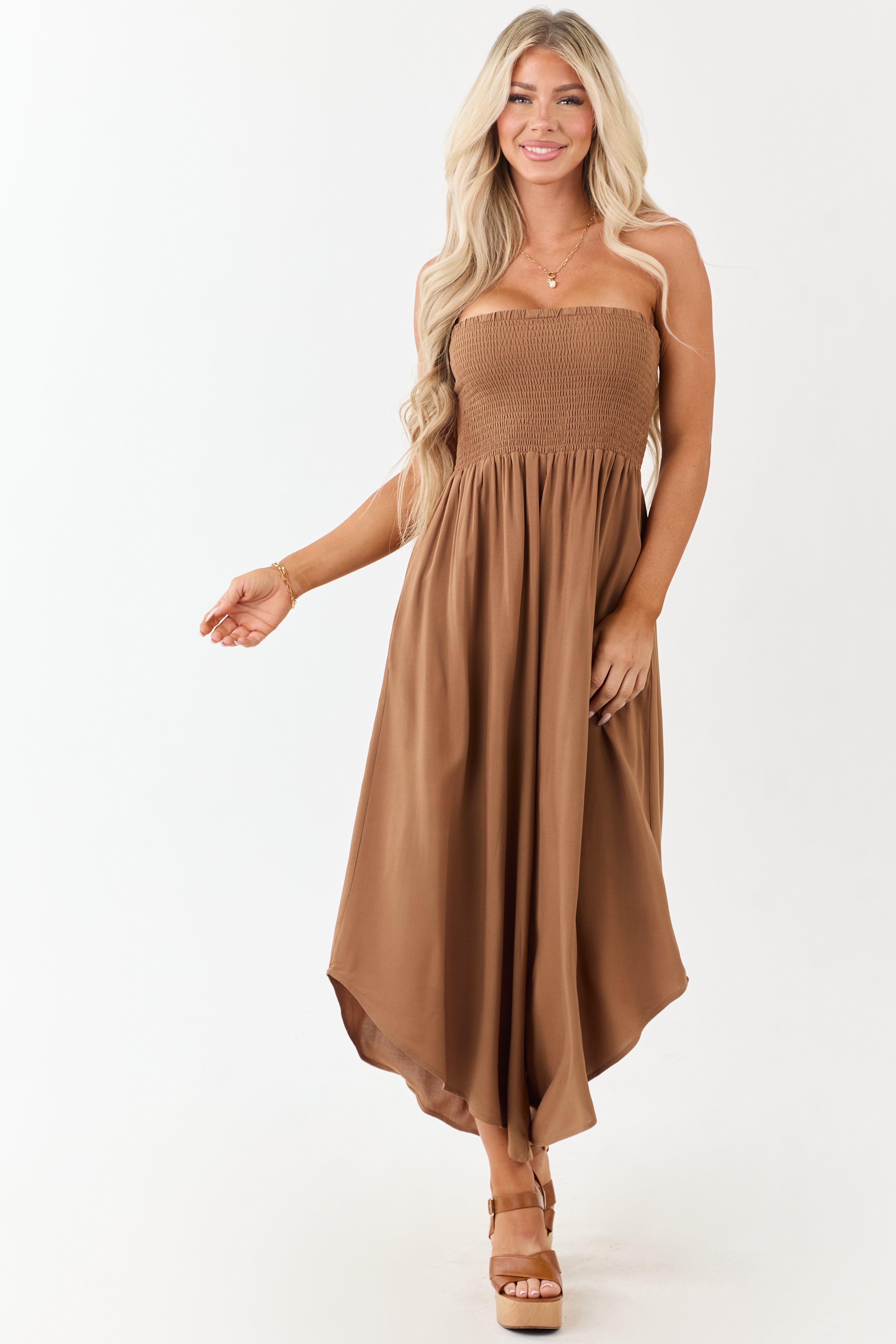 Cognac Smocked Bodice Strapless Wide Leg Jumpsuit