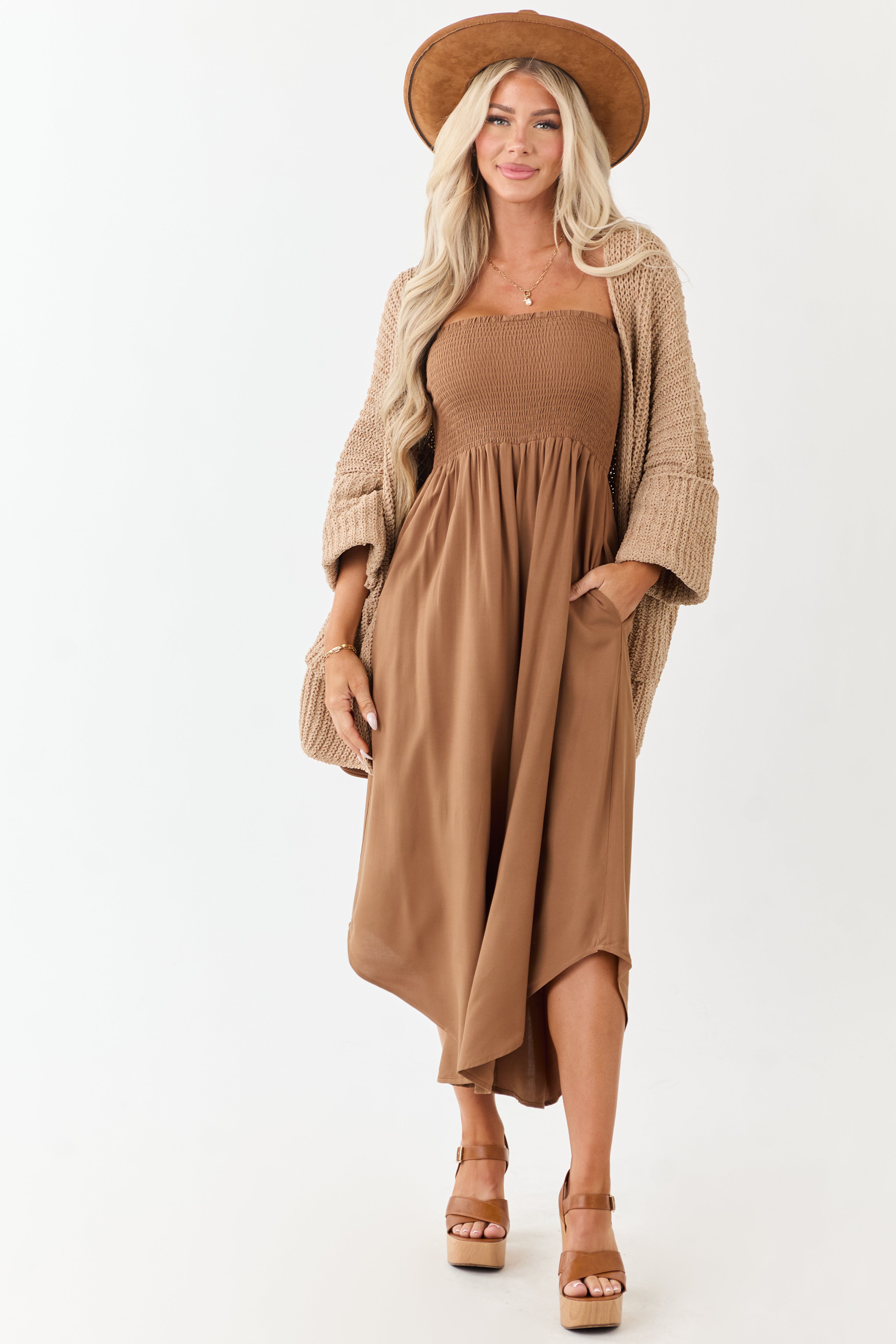 Cognac Smocked Bodice Strapless Wide Leg Jumpsuit | Lime Lush Boutique