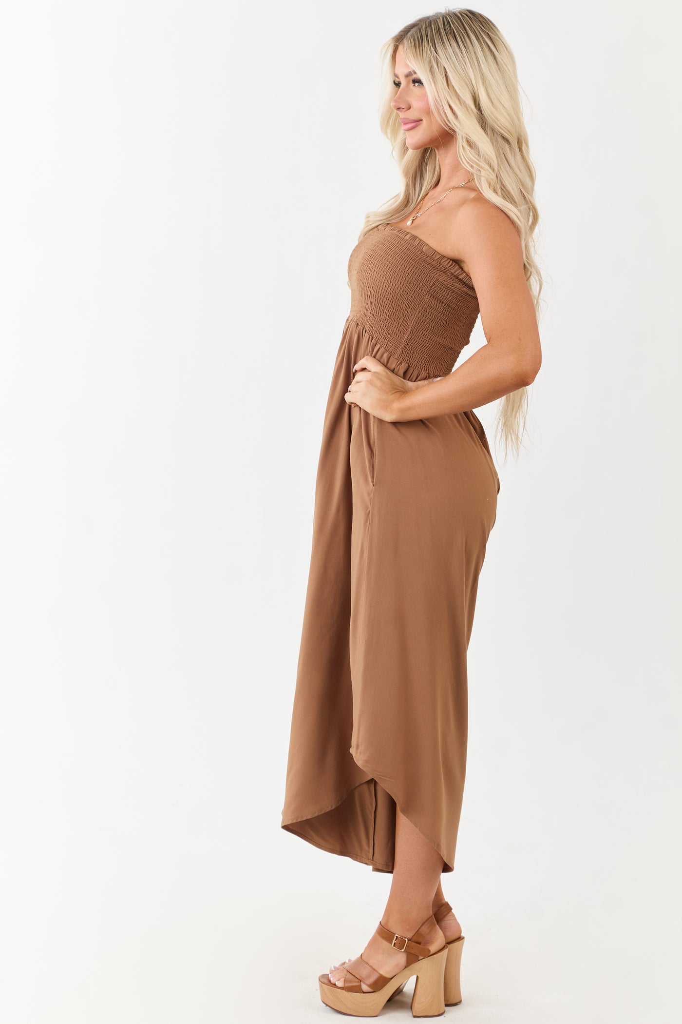 Cognac Smocked Bodice Strapless Wide Leg Jumpsuit