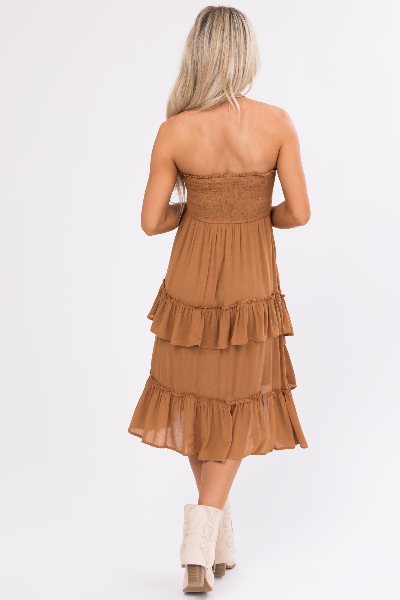 Cognac Smocked Convertible Midi Skirt Short Dress