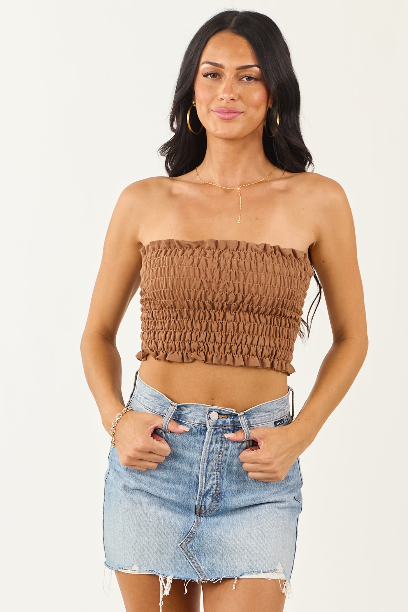 Cognac Smocked Ruffle Trim Bandeau Top