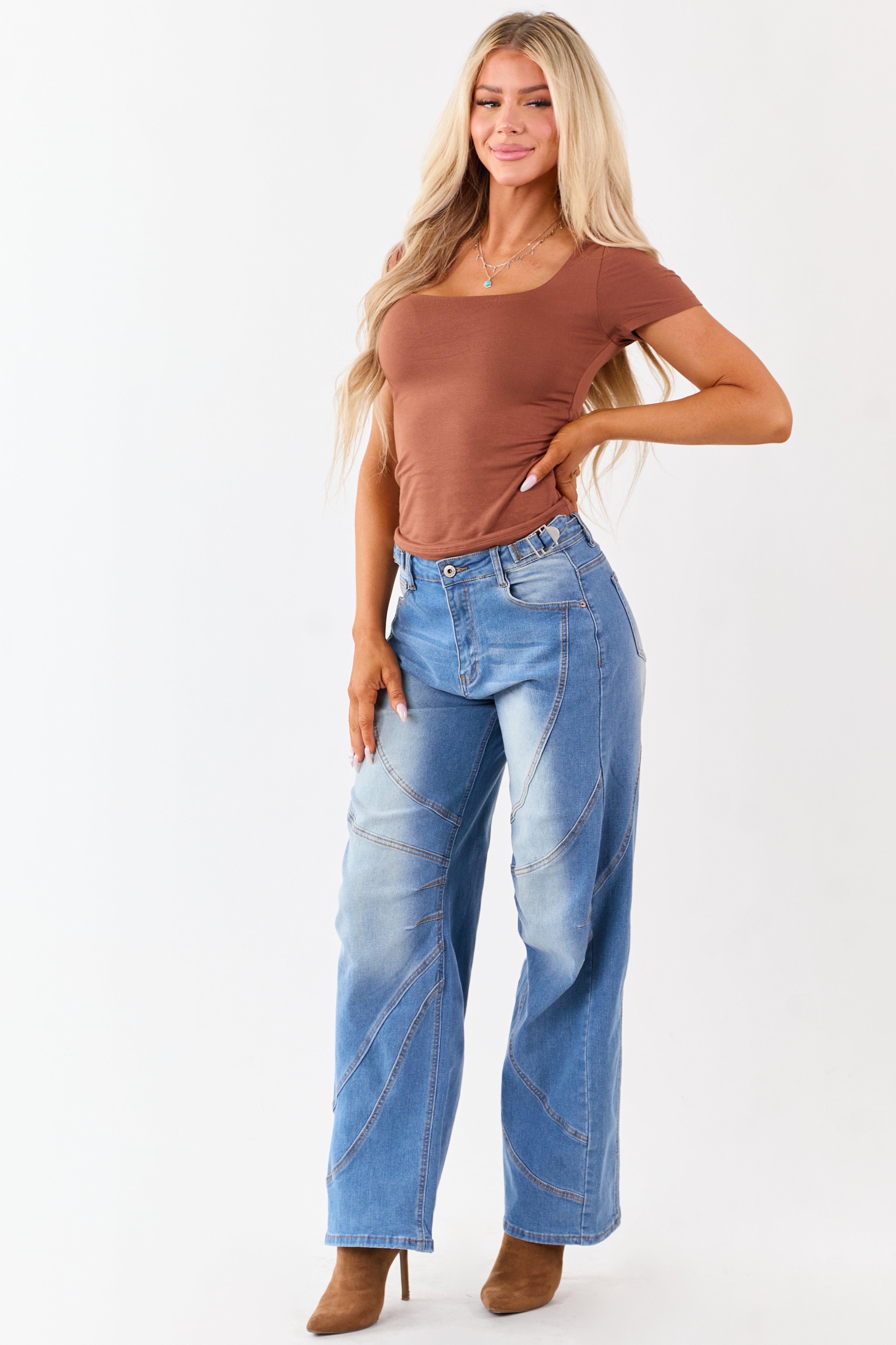 Cognac Soft Knit Double Layer Short Sleeve Fitted Top