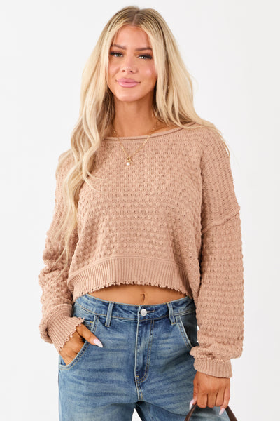 Cognac Soft Textured Knit Round Neck Boxy Sweater