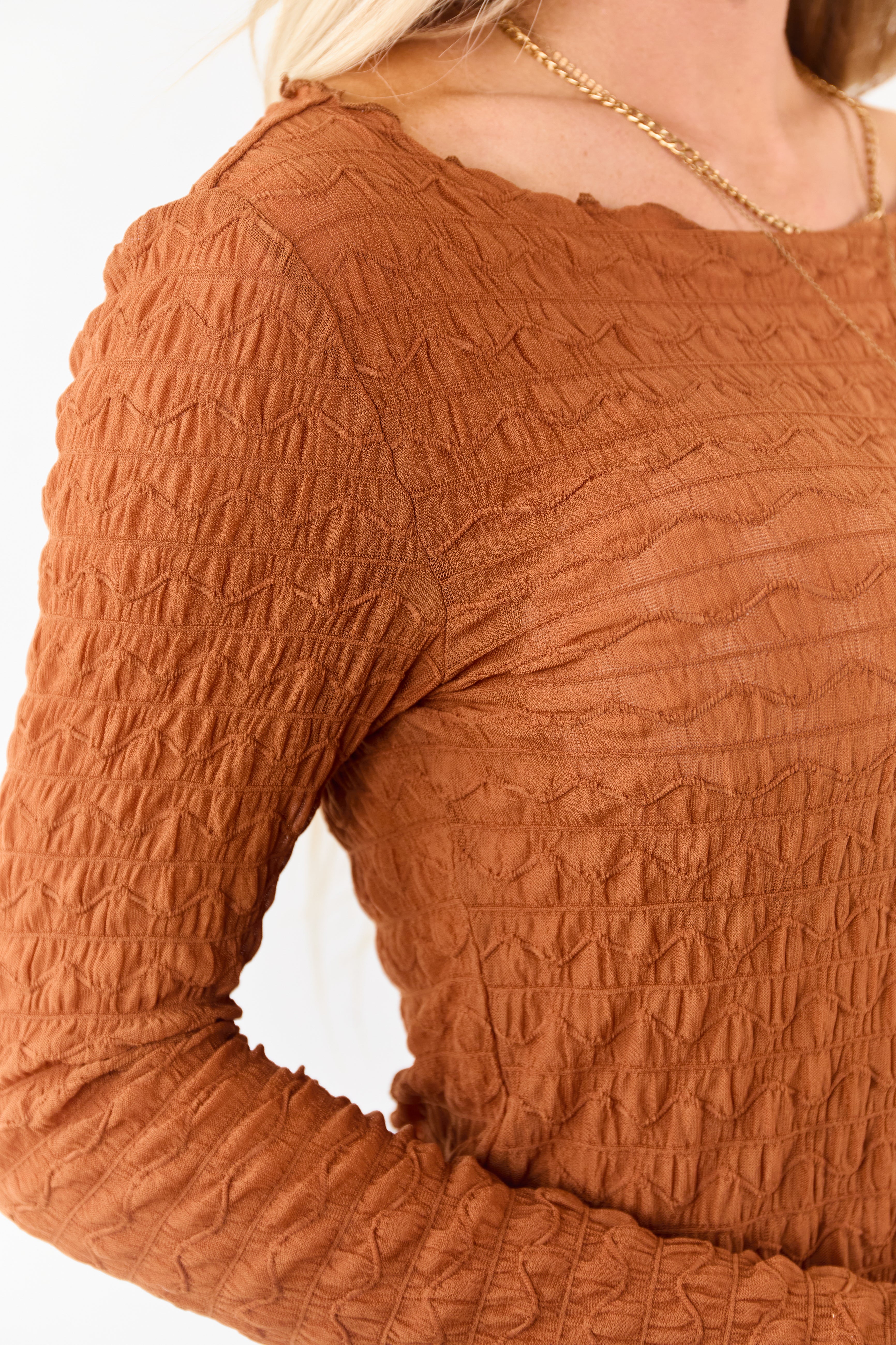 Cognac Textured Boat Neck Long Sleeve Mesh Top | Lime Lush Boutique