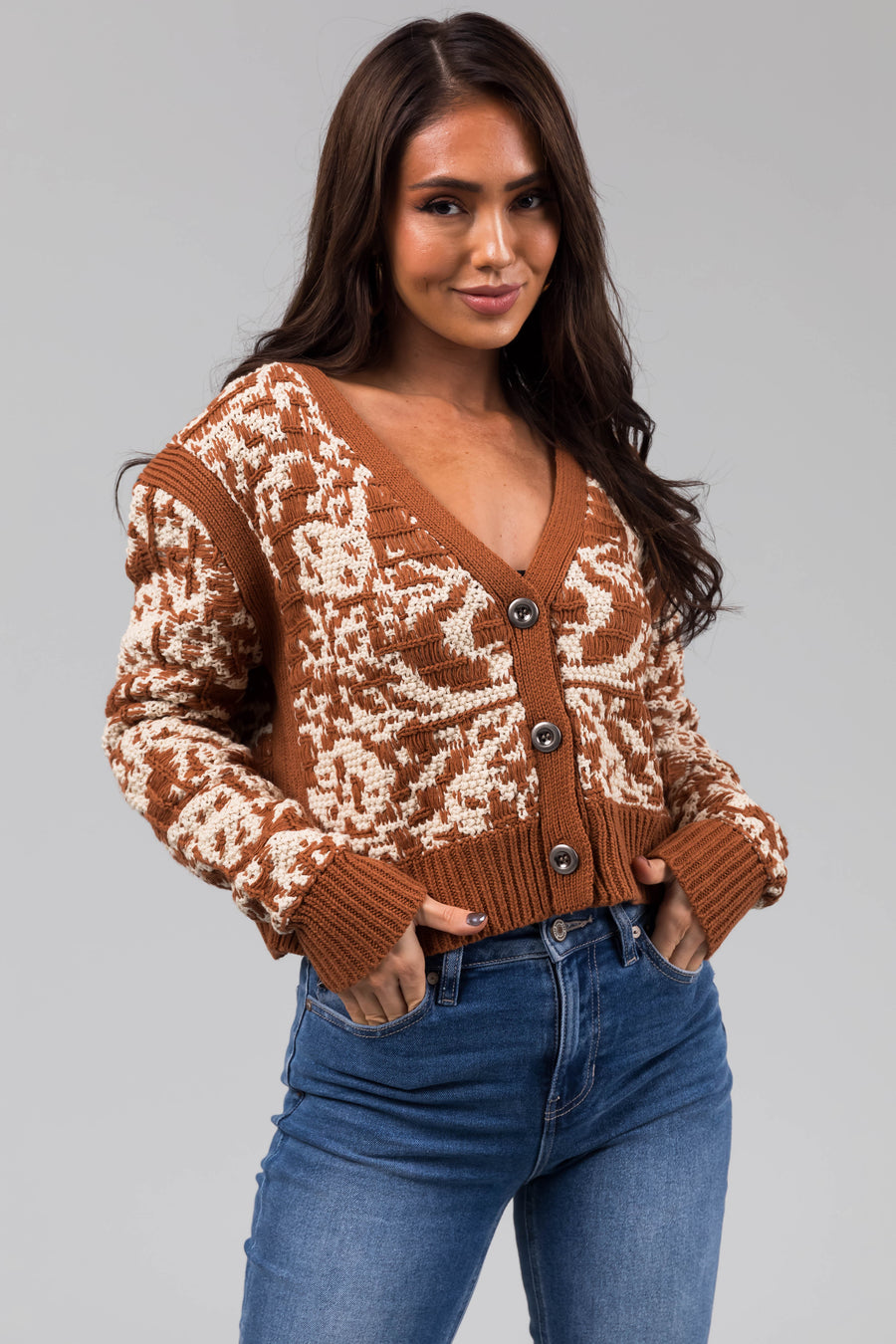 Cognac Two Tone Slightly Cropped Button Cardigan