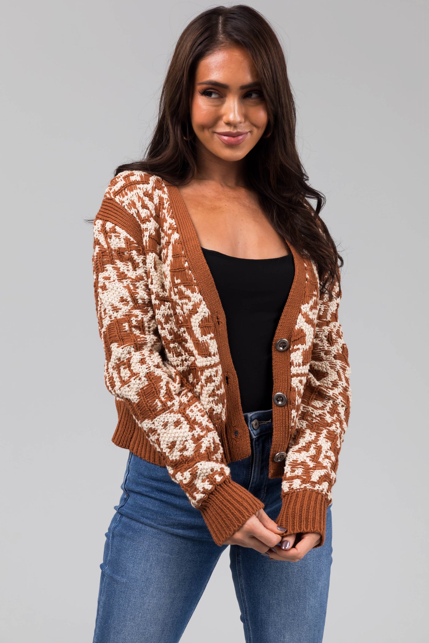 Cognac Two Tone Slightly Cropped Button Cardigan