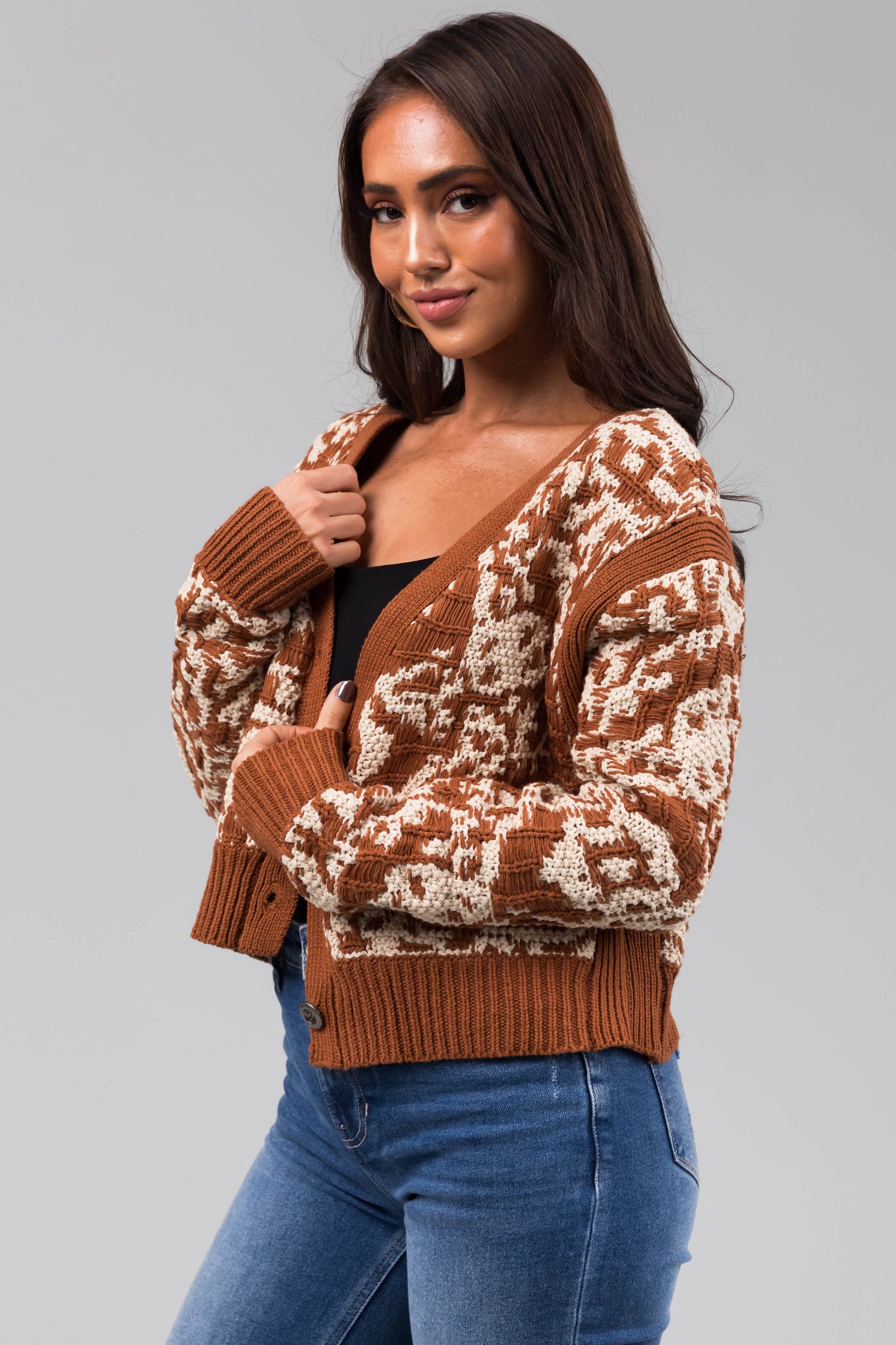 Cognac Two Tone Slightly Cropped Button Cardigan