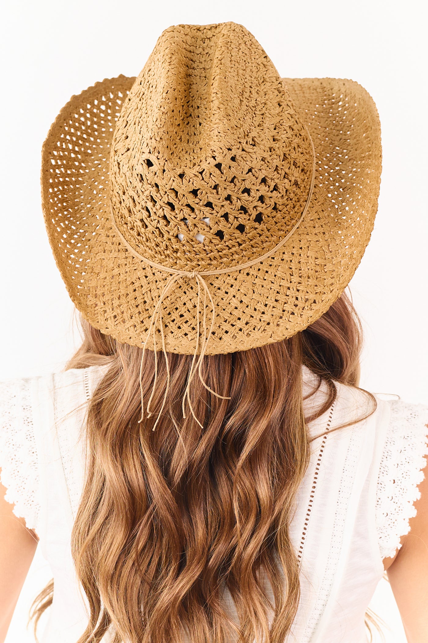 Cognac Bead Detail Woven Straw Cowboy Hat