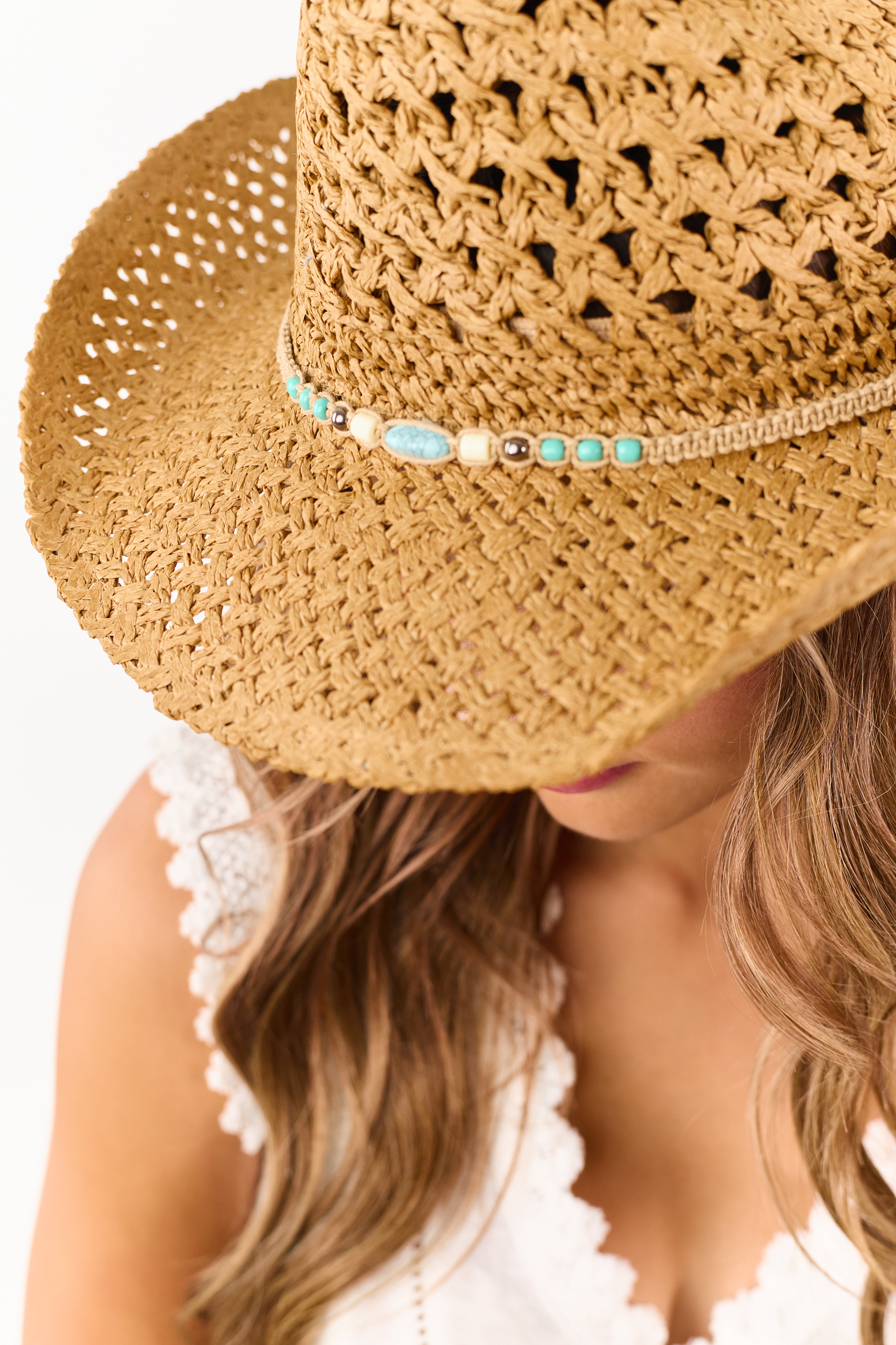 Cognac Bead Detail Woven Straw Cowboy Hat
