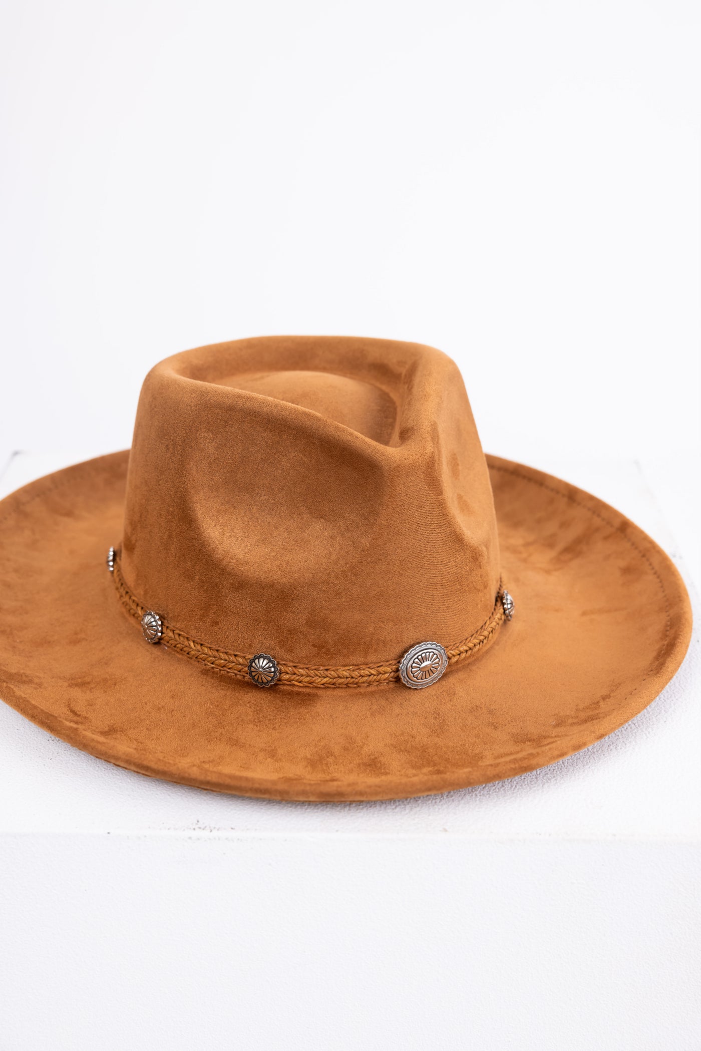 Cognac Braided Tassel Strap Suede Hat
