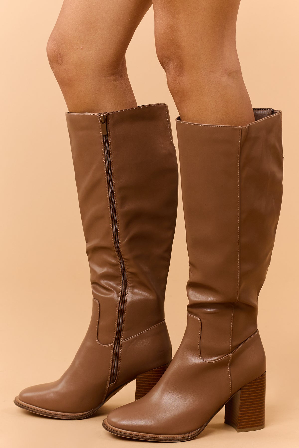 Cognac Faux Leather Block Heel Tall Boots