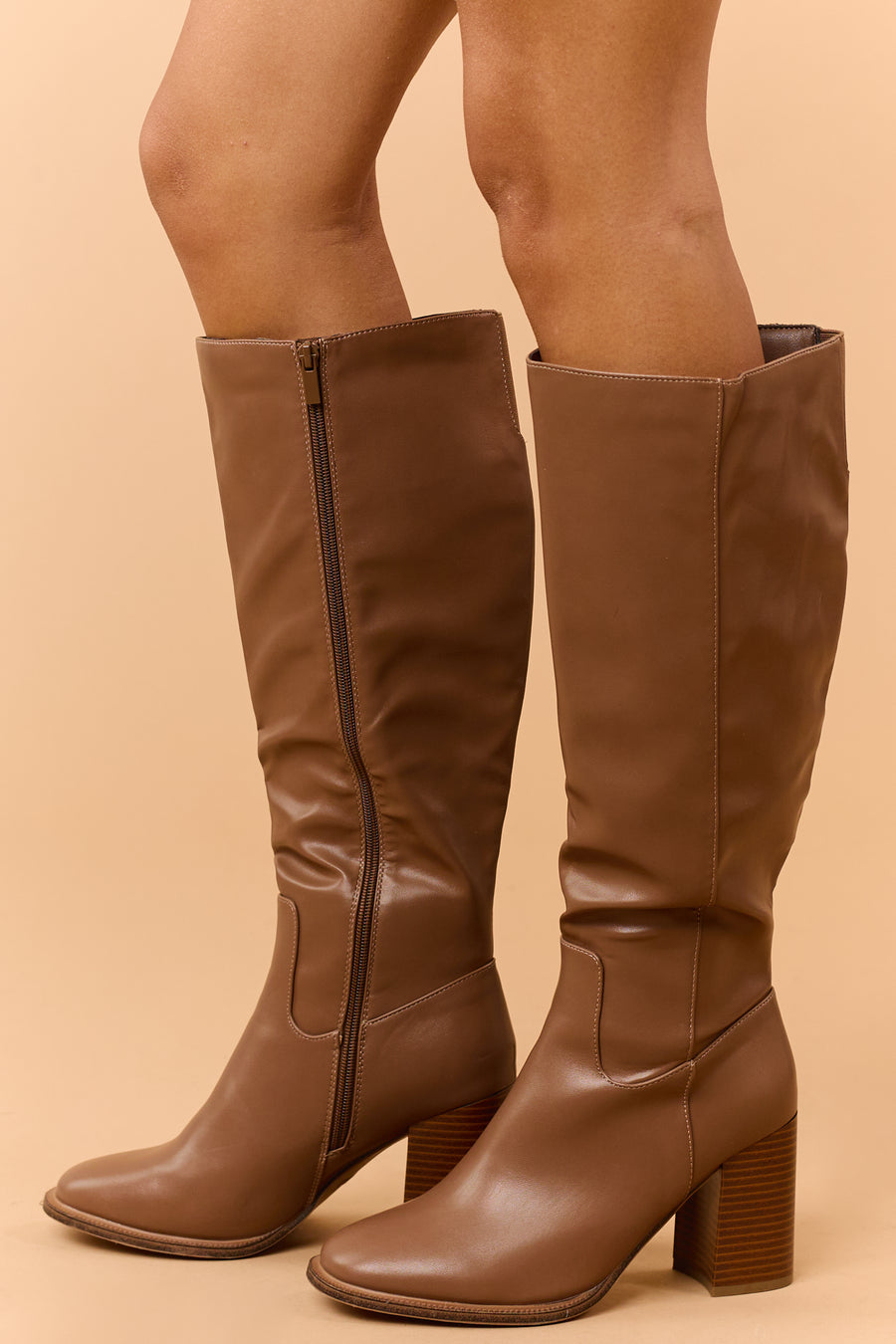 Cognac Faux Leather Block Heel Tall Boots