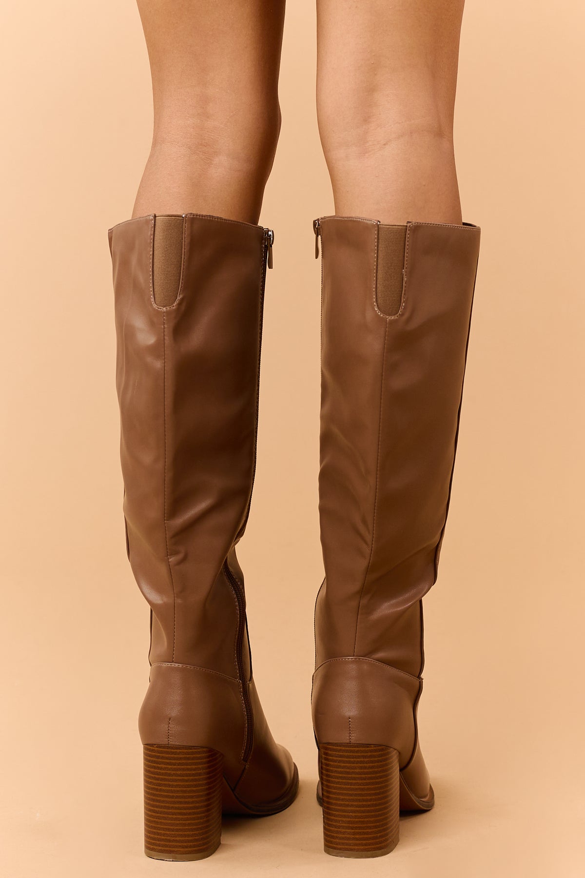 Cognac Faux Leather Block Heel Tall Boots