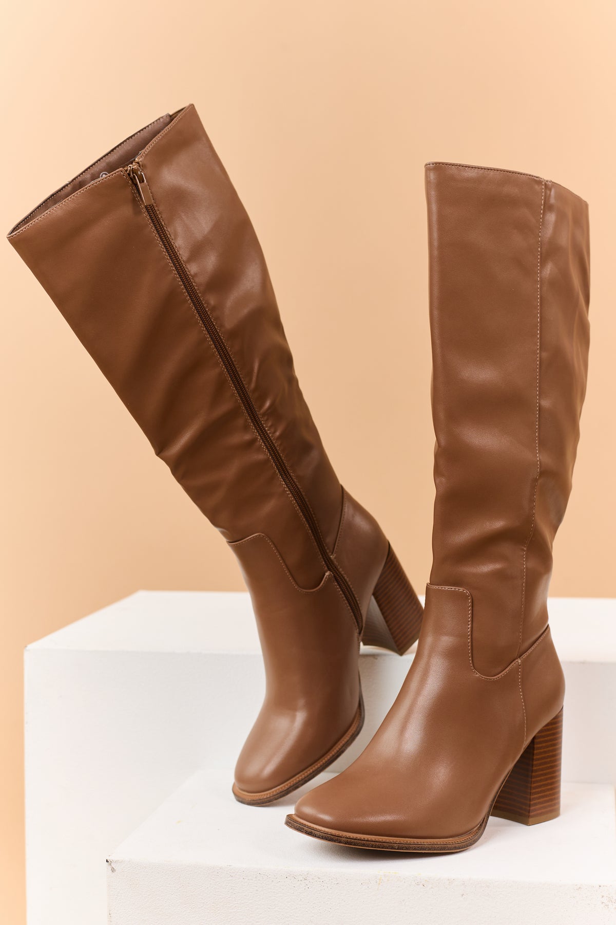 Cognac Faux Leather Block Heel Tall Boots