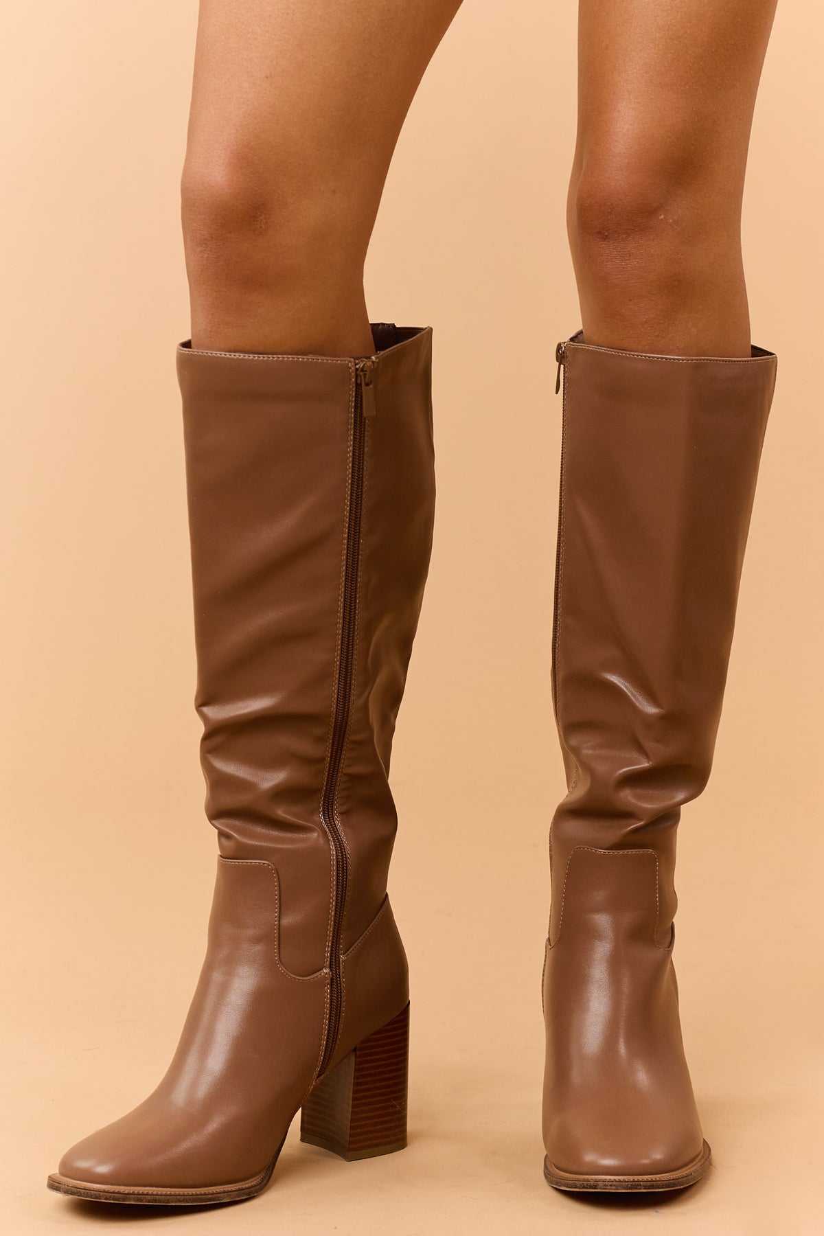 Cognac Faux Leather Block Heel Tall Boots