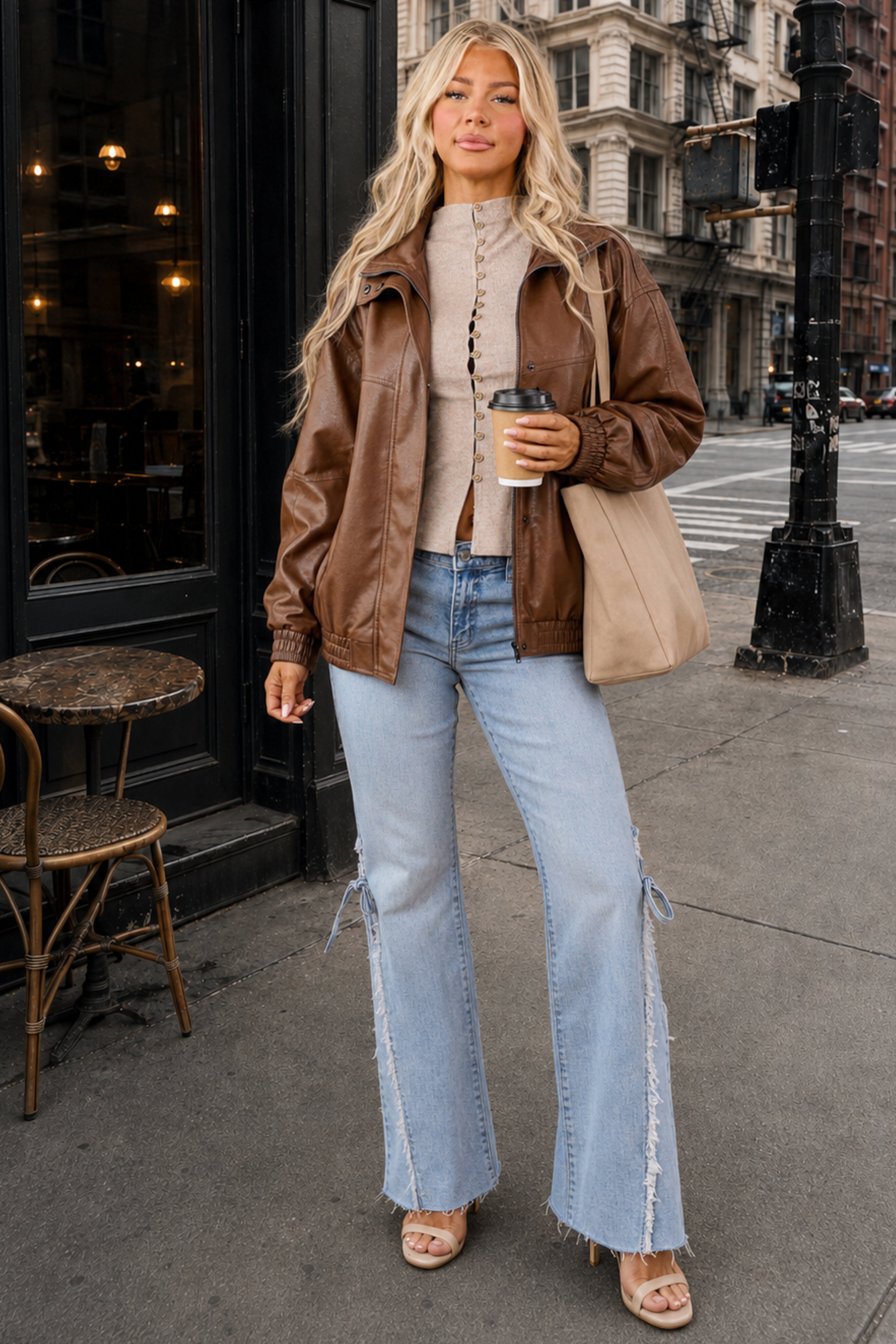 Cognac Faux Leather Hidden Zipper Jacket
