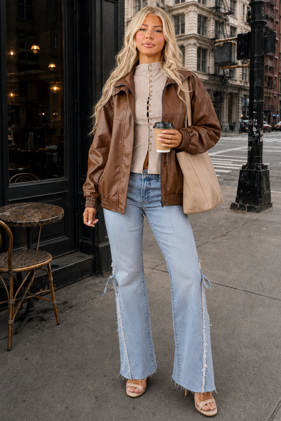 Cognac Faux Leather Hidden Zipper Jacket