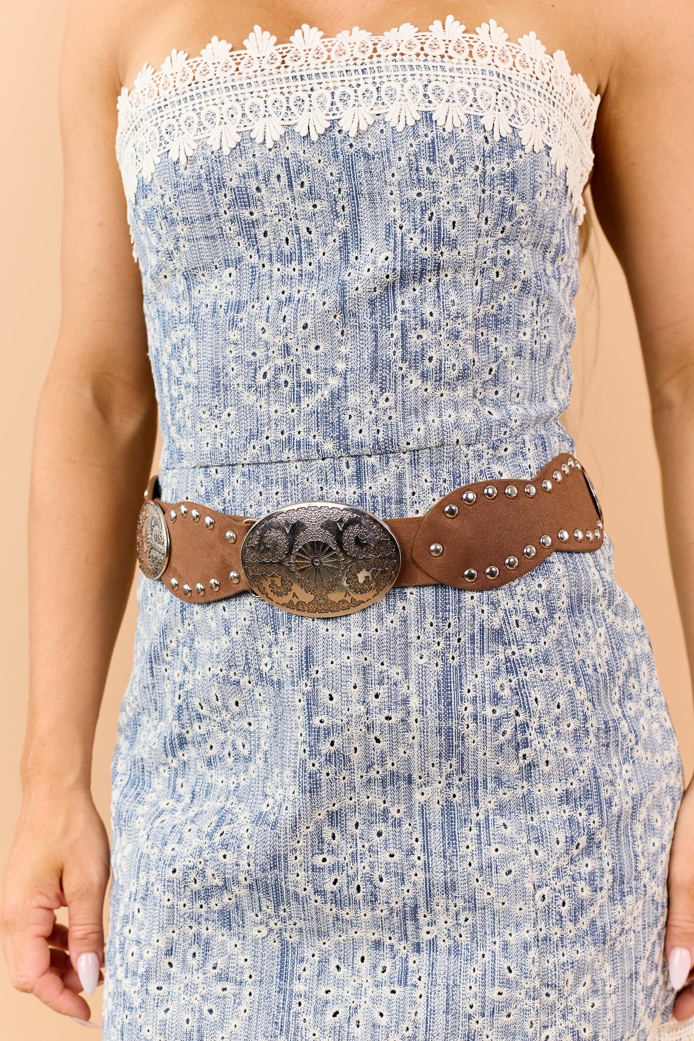 Cognac Faux Leather Studded Concho Buckle Belt