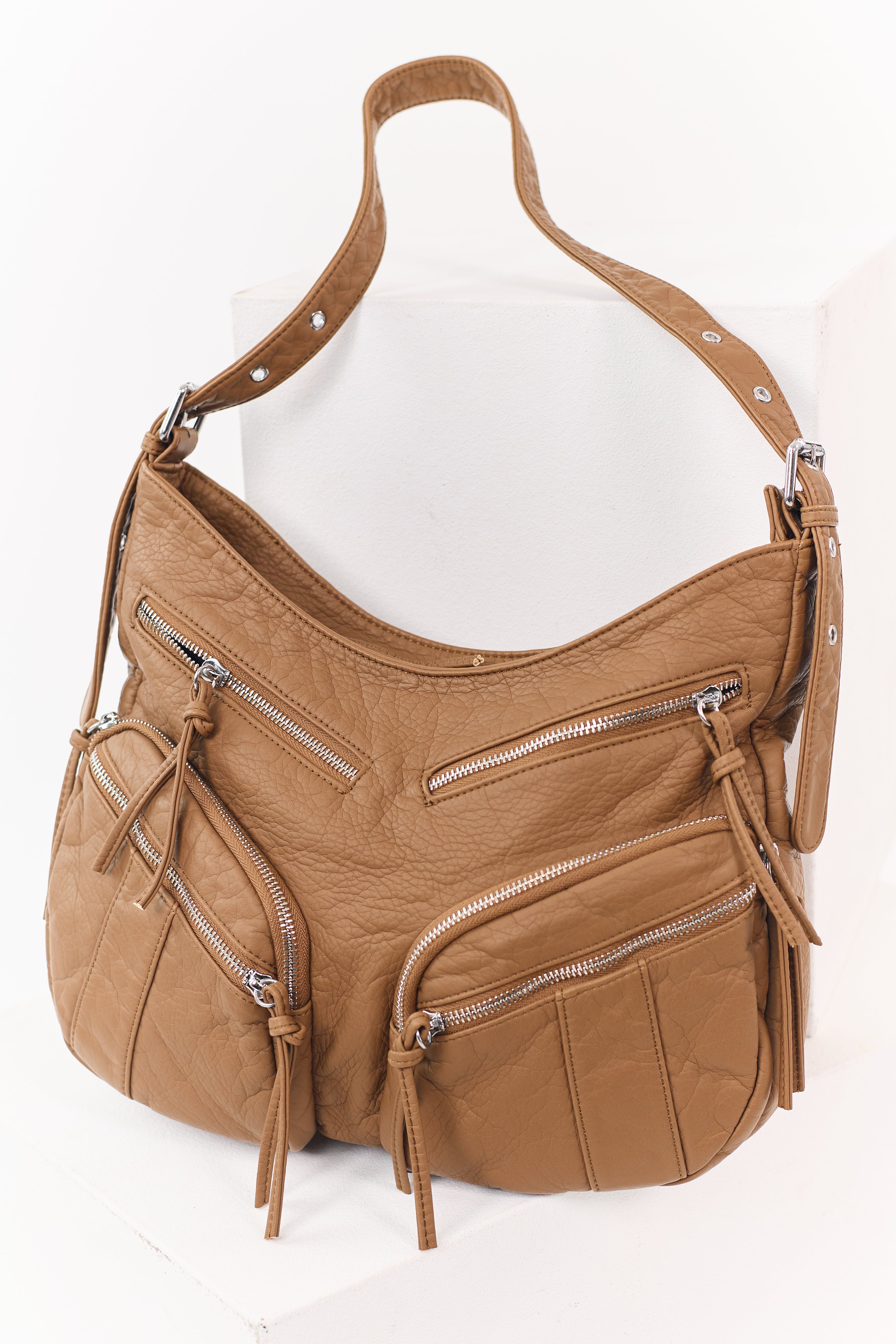Cognac Faux Leather Zipper Pocket Hobo Bag