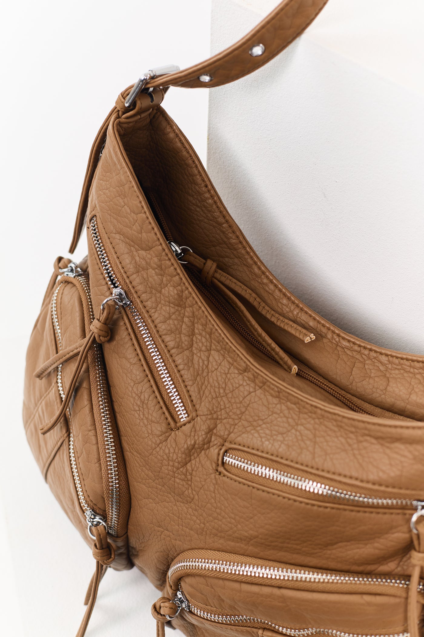 Cognac Faux Leather Zipper Pocket Hobo Bag