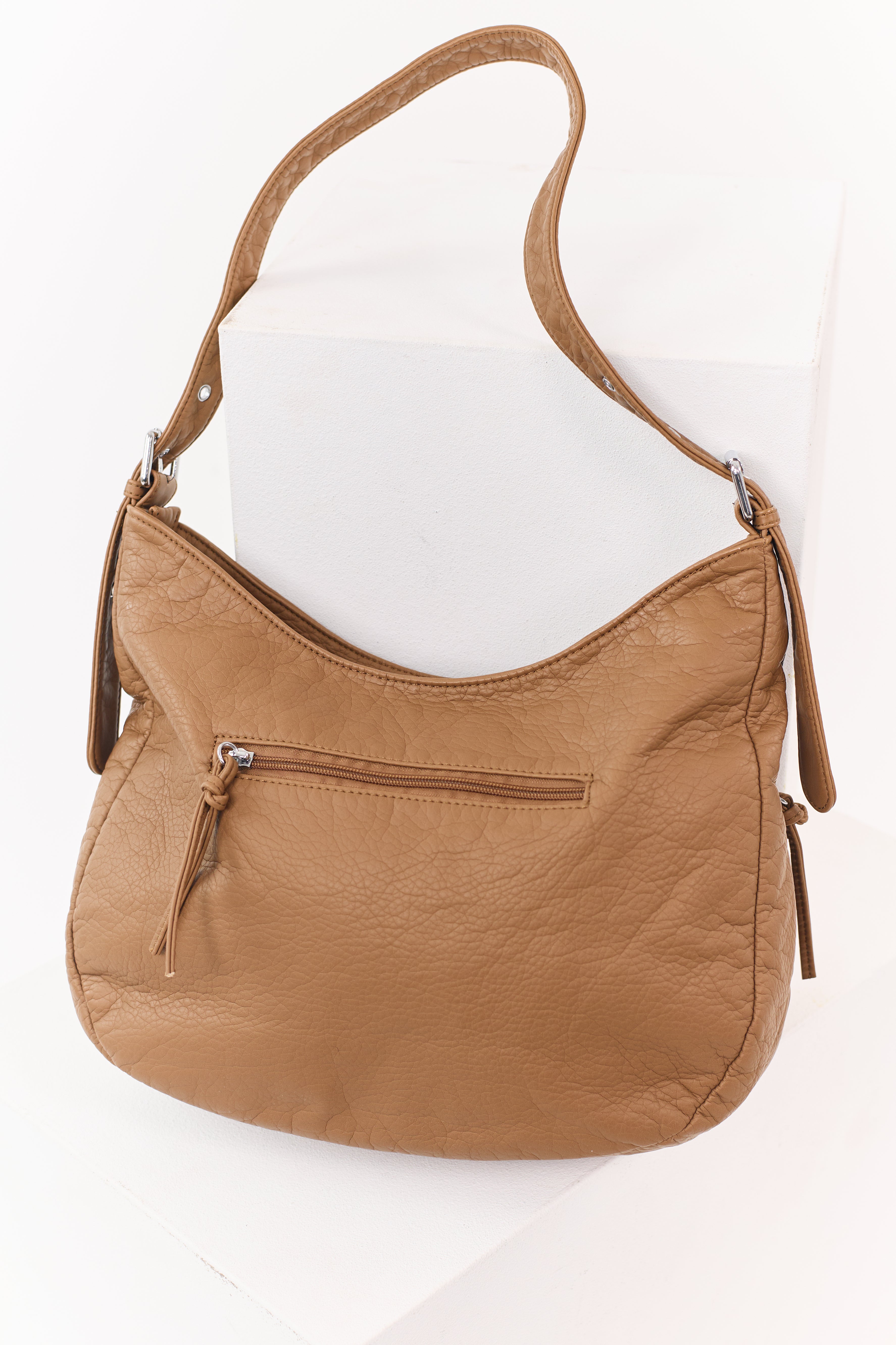 Cognac Faux Leather Zipper Pocket Hobo Bag