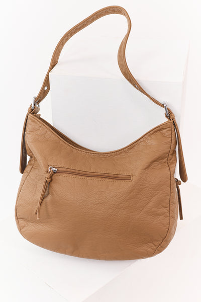 Cognac Faux Leather Zipper Pocket Hobo Bag