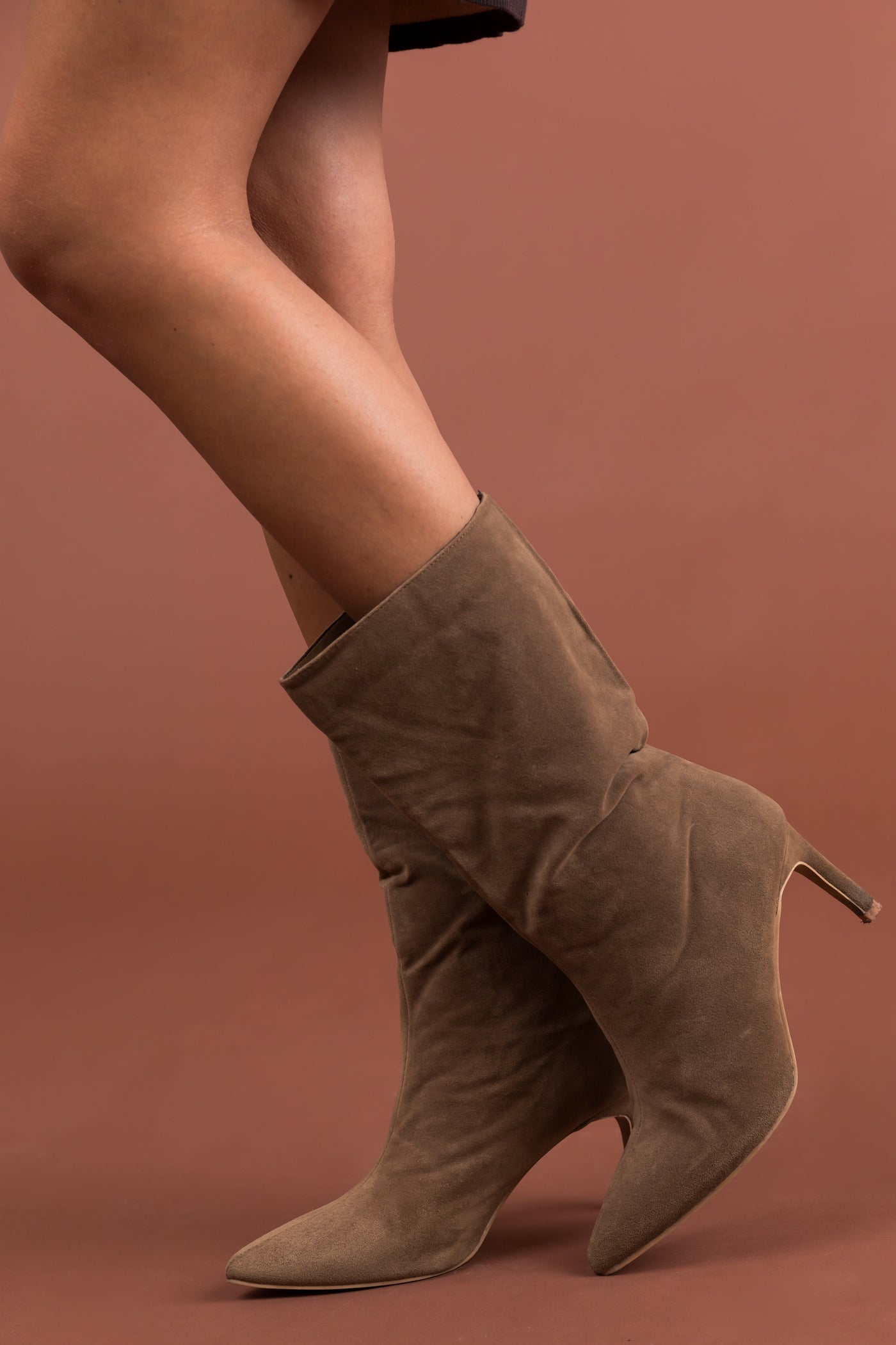 Cognac Faux Suede Pointed Toe Heeled Boots | Lime Lush Boutique