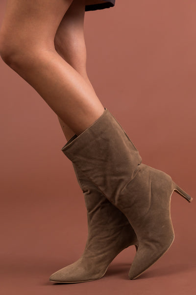 Cognac Faux Suede Pointed Toe Heeled Boots