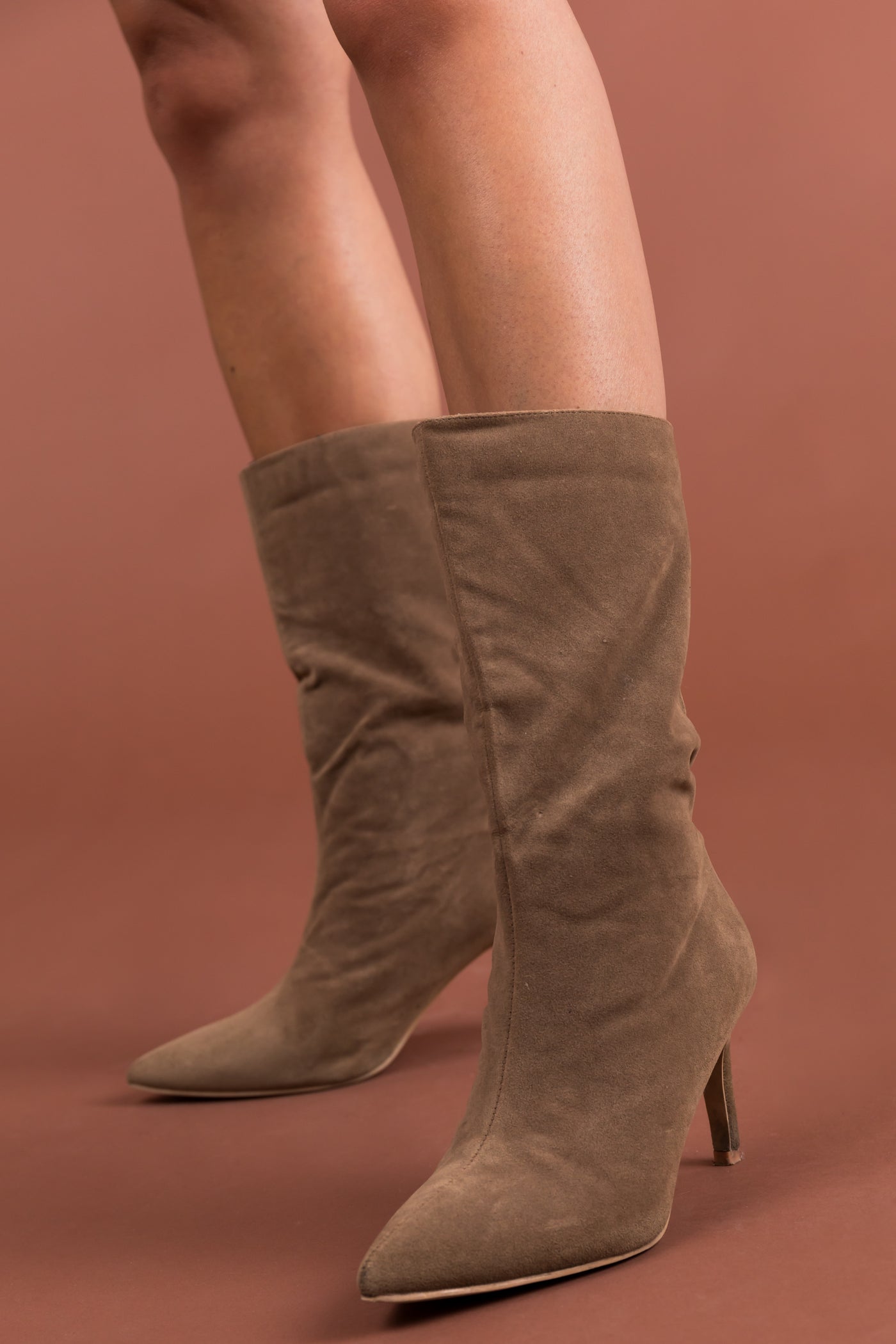 Cognac Faux Suede Pointed Toe Heeled Boots