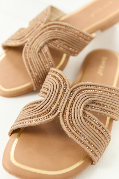 Cognac Rhinestone Studded Braided Strap Sandals