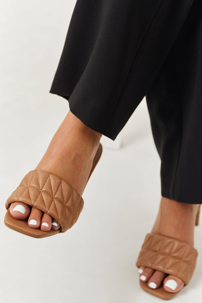 Cognac Square Toe Quilted Strap High Heels