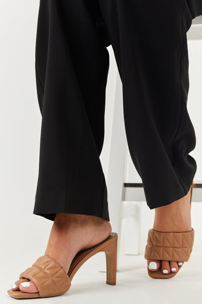 Cognac Square Toe Quilted Strap High Heels