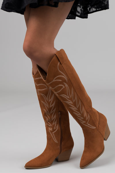 Cognac Suede Knee High Pointed Toe Western Boots