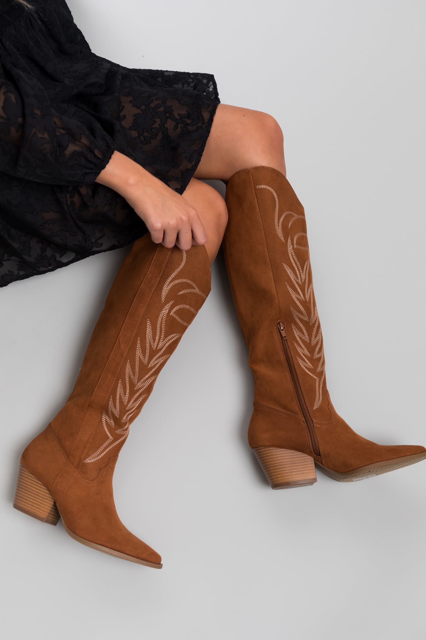 Cognac Suede Knee High Pointed Toe Western Boots