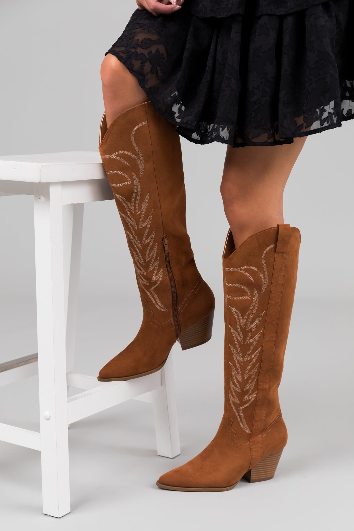 Cognac Suede Knee High Pointed Toe Western Boots | Lime Lush Boutique