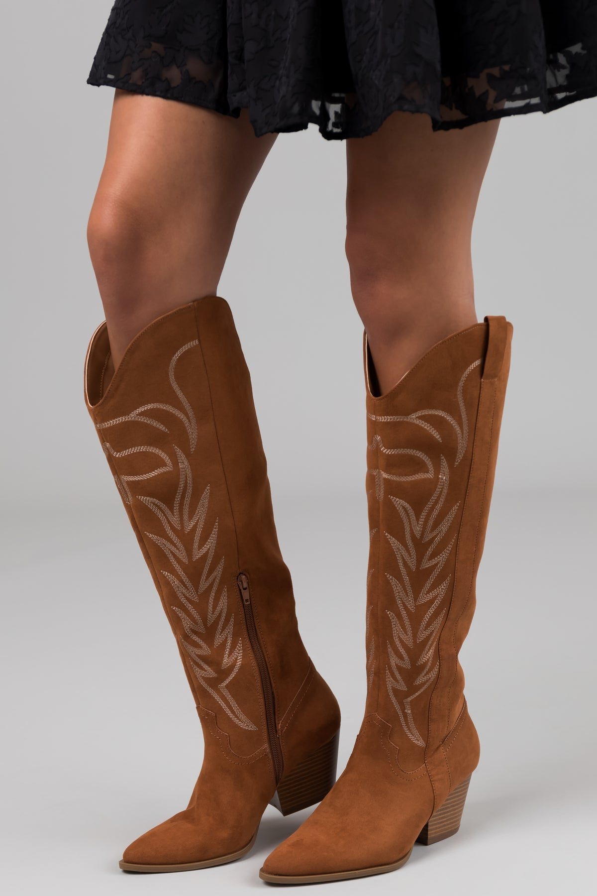 Cognac Suede Knee High Pointed Toe Western Boots | Lime Lush Boutique