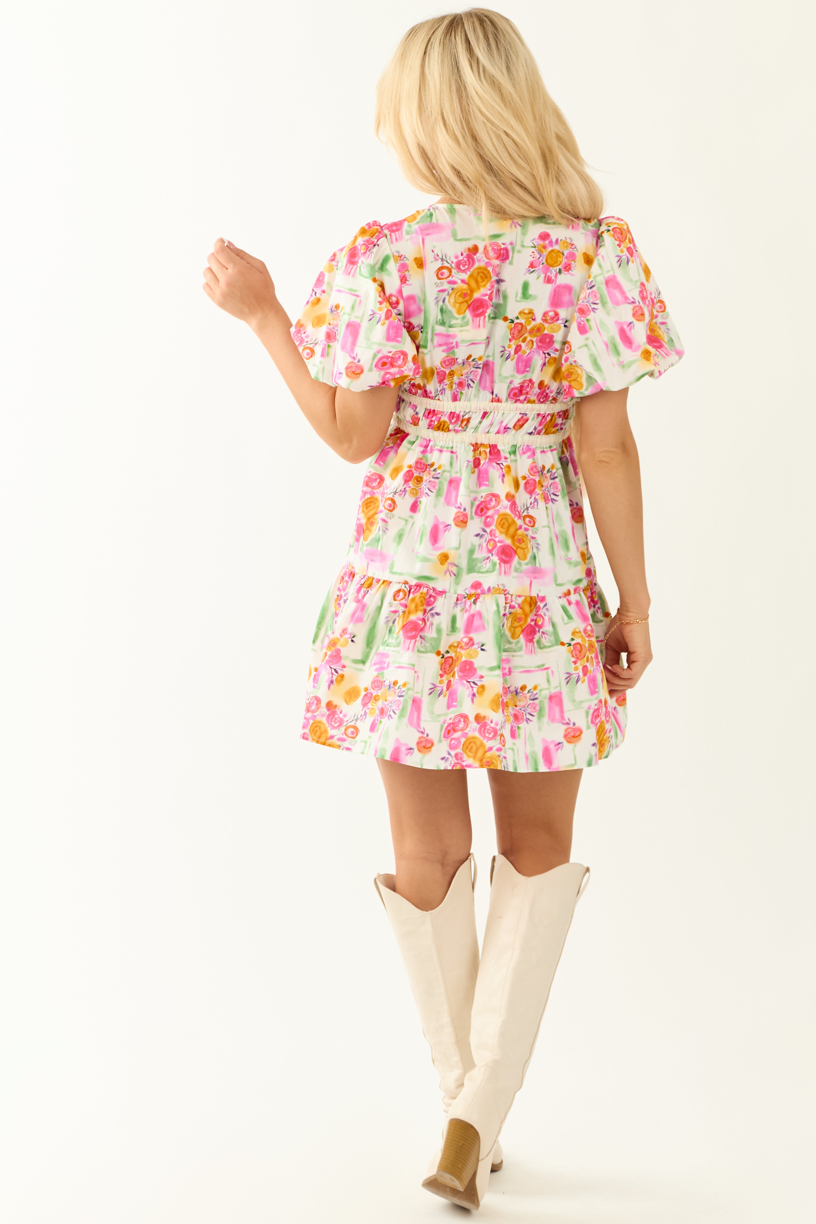 Colorful Floral Print Tie Detail Mini Dress