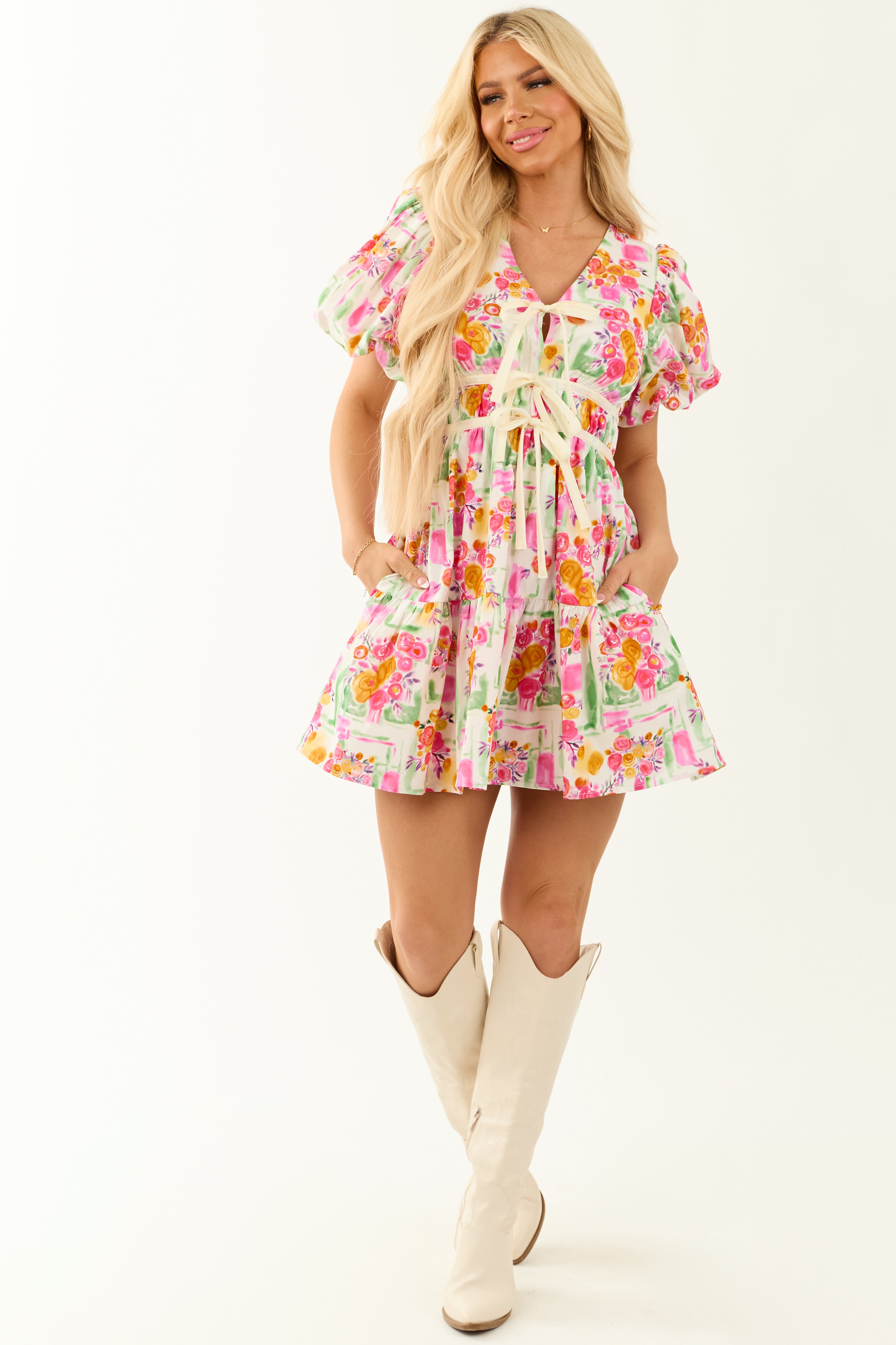Colorful Floral Print Tie Detail Mini Dress